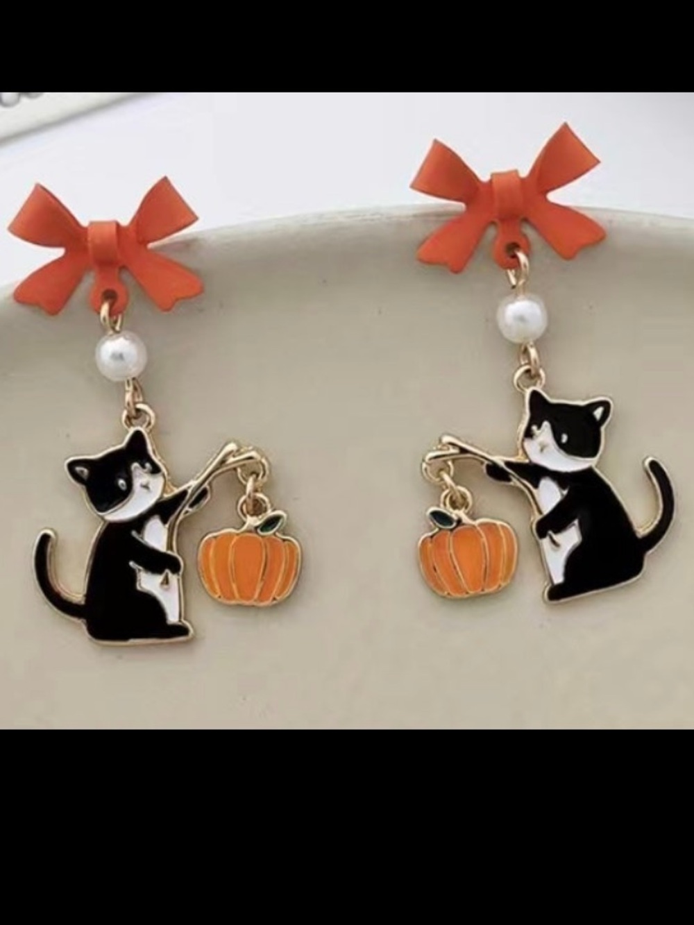 Black Cat Pumpkin Drop Earrings with Orange Bows